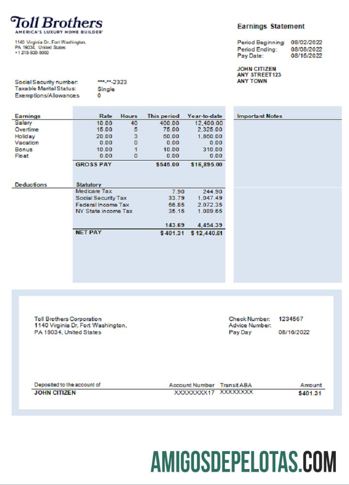 Demonstrativo de ganhos da empresa de construção dos EUA modelo